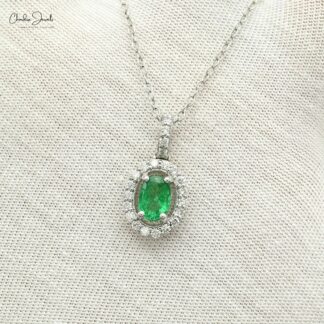 Halo Diamond Wedding Pendant In 14k White Gold Emerald May Birthstone Dangle Necklace