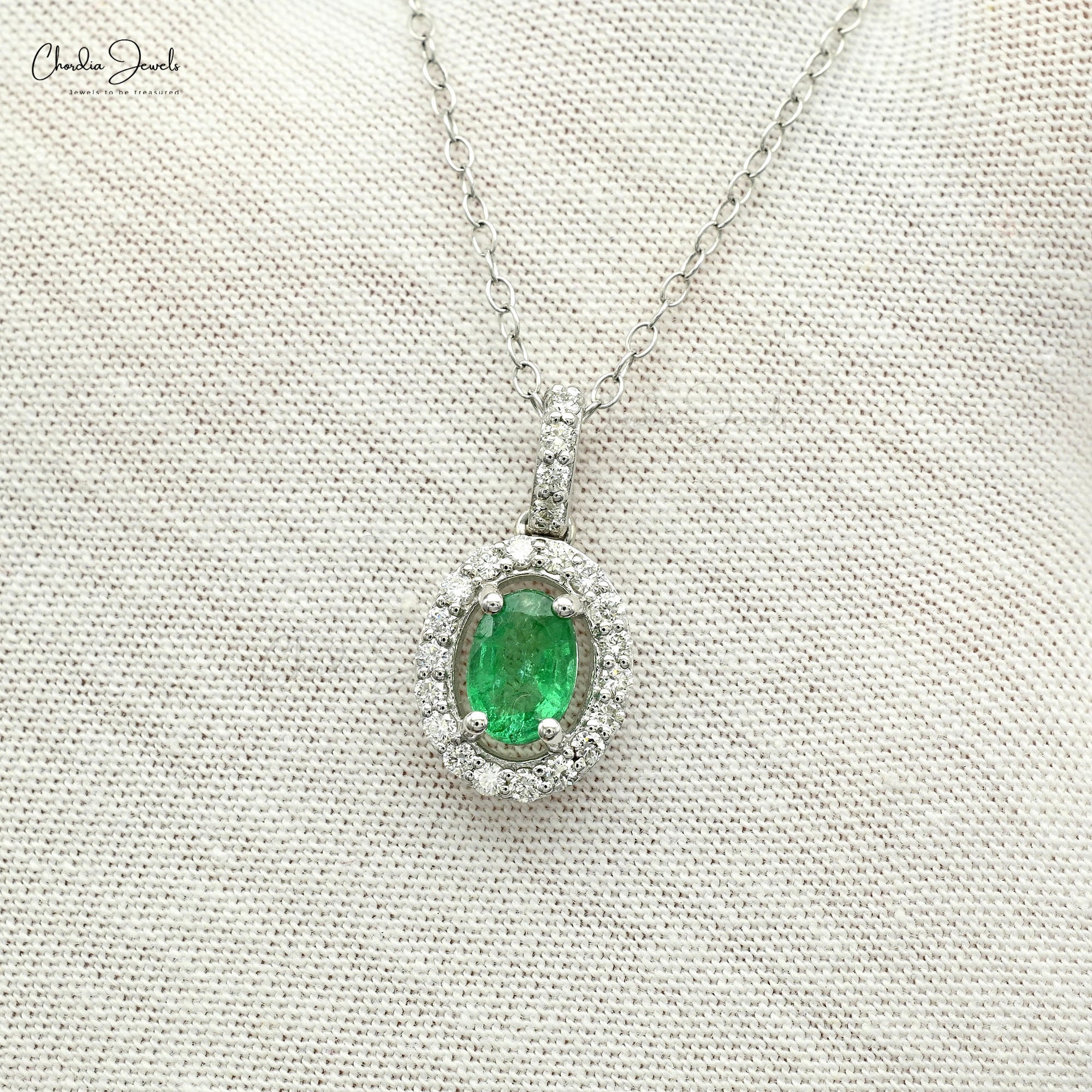 Halo Diamond Wedding Pendant In 14k White Gold Emerald May Birthstone Dangle Necklace