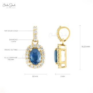 Oval Cut Dangle Charm in 14k Yellow Gold Blue Sapphire And Diamond Halo Pendant For Her