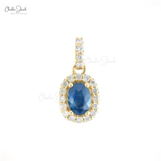 Oval Cut Dangle Charm in 14k Yellow Gold Blue Sapphire And Diamond Halo Pendant For Her