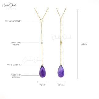 Diamond Lariat Chain Necklace With 6.64 Ct Amethyst 14k Yellow Gold Hallmarked Y Necklaces