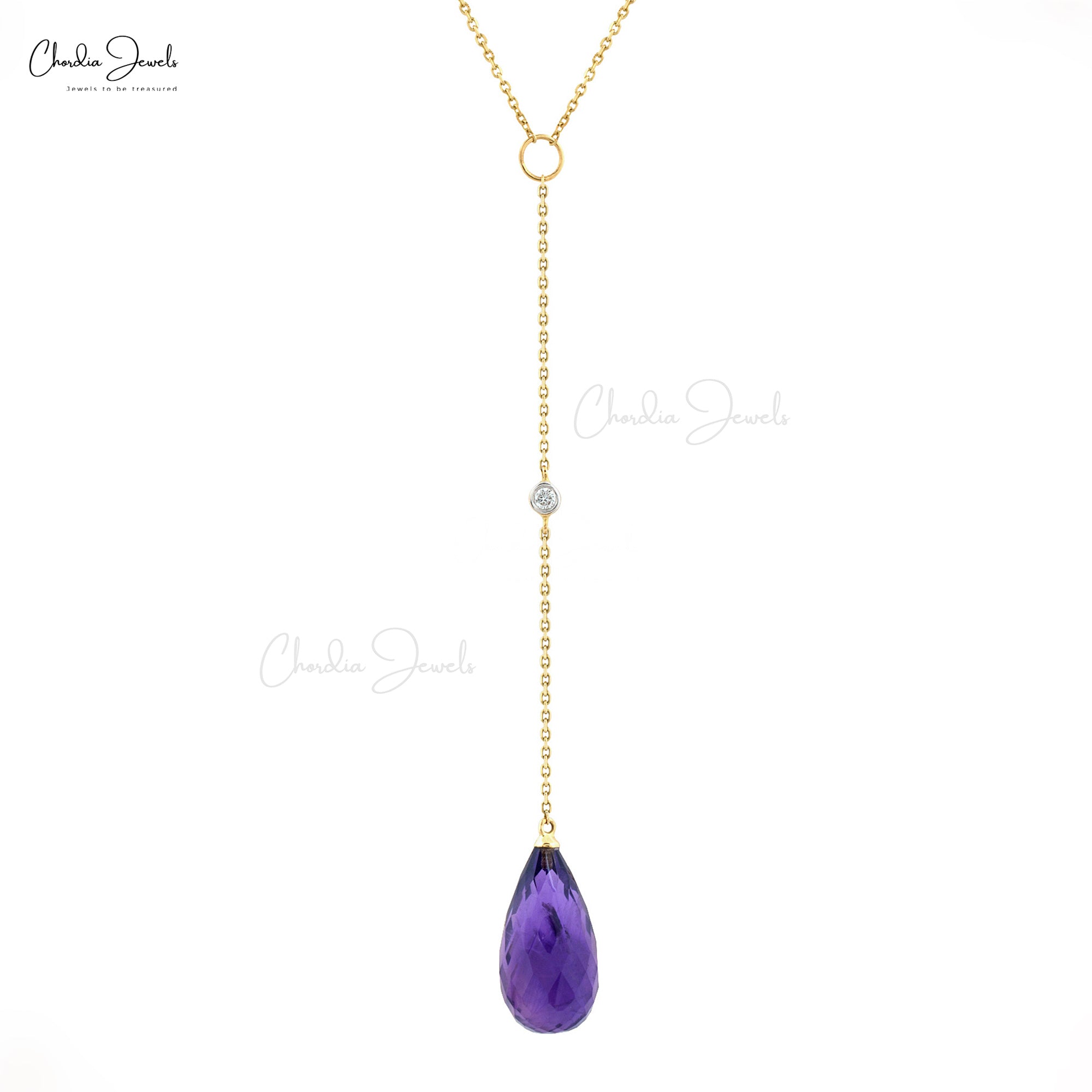 Diamond Lariat Chain Necklace With 6.64 Ct Amethyst 14k Yellow Gold Hallmarked Y Necklaces