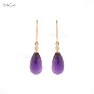 Real 14k Rose Gold Diamond Anniversary Hook Earrings, 15x7mm Drop Briolette Shape Genuine Amethyst Earring, 6.84 Ct February Birthstone Purple Gemstone Light Weight Jewelry