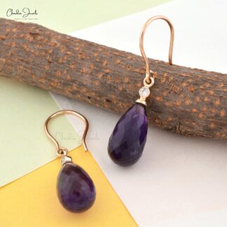 Real 14k Rose Gold Diamond Anniversary Hook Earrings, 15x7mm Drop Briolette Shape Genuine Amethyst Earring, 6.84 Ct February Birthstone Purple Gemstone Light Weight Jewelry