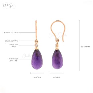 Real 14k Rose Gold Diamond Anniversary Hook Earrings, 15x7mm Drop Briolette Shape Genuine Amethyst Earring, 6.84 Ct February Birthstone Purple Gemstone Light Weight Jewelry