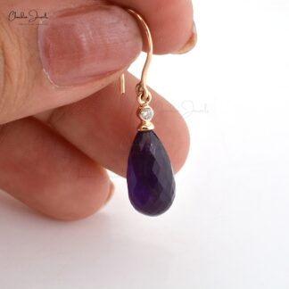 Real 14k Rose Gold Diamond Anniversary Hook Earrings, 15x7mm Drop Briolette Shape Genuine Amethyst Earring, 6.84 Ct February Birthstone Purple Gemstone Light Weight Jewelry