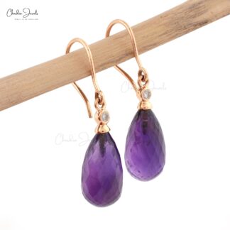 Real 14k Rose Gold Diamond Anniversary Hook Earrings, 15x7mm Drop Briolette Shape Genuine Amethyst Earring, 6.84 Ct February Birthstone Purple Gemstone Light Weight Jewelry