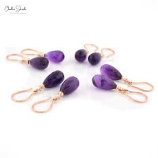 Real 14k Rose Gold Diamond Anniversary Hook Earrings, 15x7mm Drop Briolette Shape Genuine Amethyst Earring, 6.84 Ct February Birthstone Purple Gemstone Light Weight Jewelry
