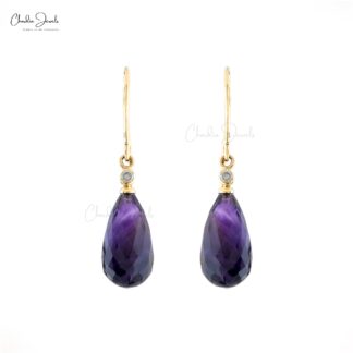 Drop Briolette Dangle Earring In 14k Yellow Gold Amethyst And G-H Diamond Women Earrings