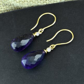 Drop Briolette Dangle Earring In 14k Yellow Gold Amethyst And G-H Diamond Women Earrings