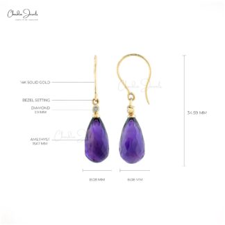 Drop Briolette Dangle Earring In 14k Yellow Gold Amethyst And G-H Diamond Women Earrings