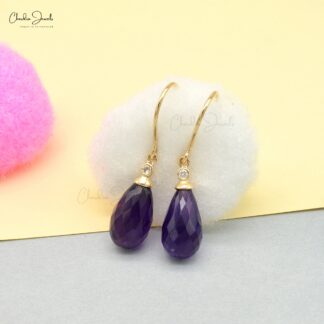Drop Briolette Dangle Earring In 14k Yellow Gold Amethyst And G-H Diamond Women Earrings