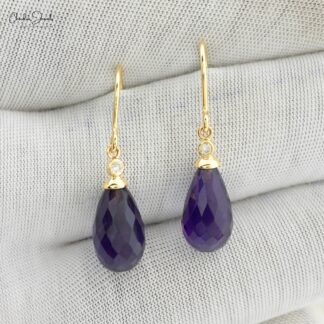 Genuine Purple Amethyst 15x7mm Drop Earrings 14k Real Gold Diamond Fish Hook Dangle Earrings Hallmarked Jewelry For Women’s