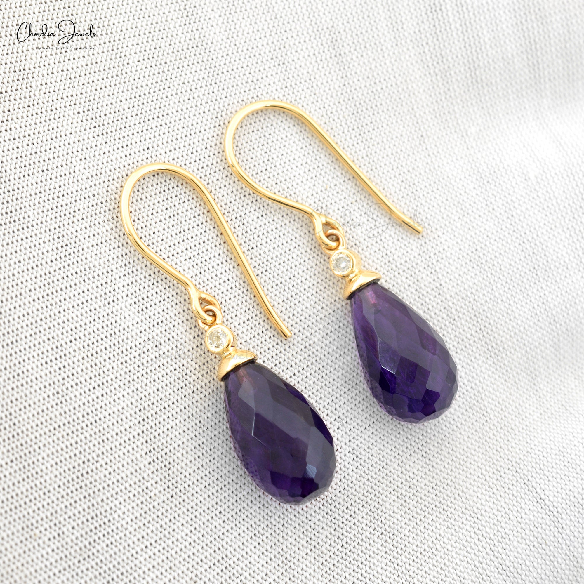 Drop Briolette Dangle Earring In 14k Yellow Gold Amethyst And G-H Diamond Women Earrings