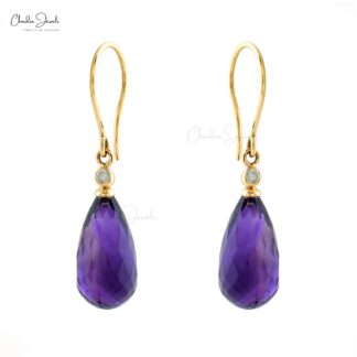Drop Briolette Dangle Earring In 14k Yellow Gold Amethyst And G-H Diamond Women Earrings