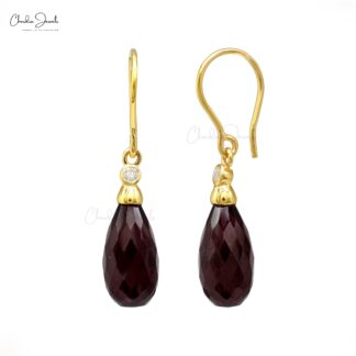 Dangle Fish Hook Earrings With 15x7mm Red Garnet And Diamond Earrings In 14k Yellow Gold