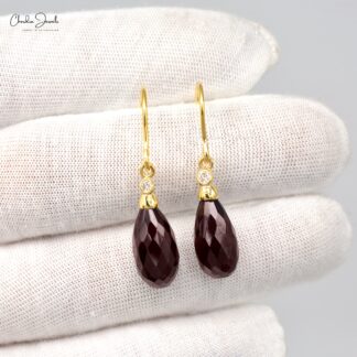 Dangle Fish Hook Earrings With 15x7mm Red Garnet And Diamond Earrings In 14k Yellow Gold