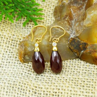 Dangle Fish Hook Earrings With 15x7mm Red Garnet And Diamond Earrings In 14k Yellow Gold