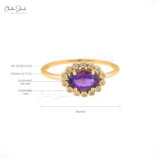 Natural Amethyst 7x5mm Oval Gemstone And Diamond Halo Ring in 14k Real Gold