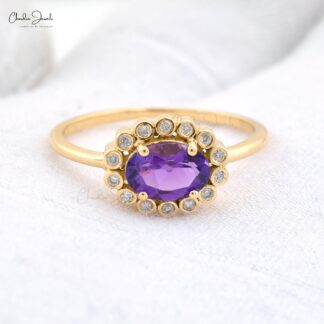 Natural Amethyst 7x5mm Oval Gemstone And Diamond Halo Ring in 14k Real Gold
