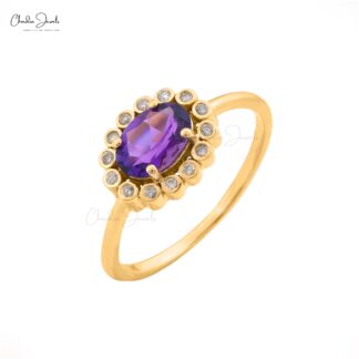Natural Amethyst 7x5mm Oval Gemstone And Diamond Halo Ring in 14k Real Gold