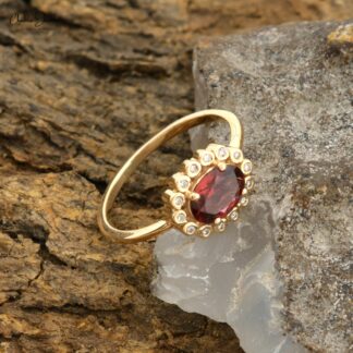 Halo Diamond Promise Ring In 14k Yellow Gold Garnet 0.95 Ct Gemstone Rings For Her