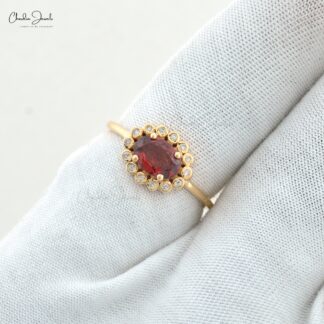 Halo Diamond Promise Ring In 14k Yellow Gold Garnet 0.95 Ct Gemstone Rings For Her