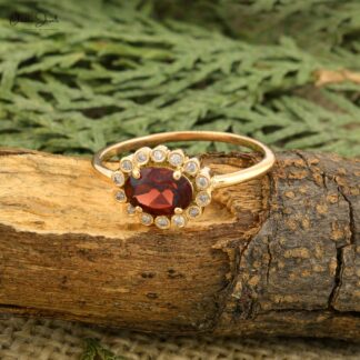 Halo Diamond Promise Ring In 14k Yellow Gold Garnet 0.95 Ct Gemstone Rings For Her