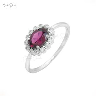 Oval Gemstone Ring in 14k Real White Gold Rhodolite Garnet Halo Diamond Wedding Ring