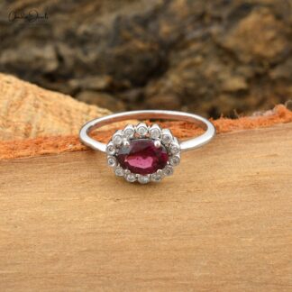 Oval Gemstone Ring in 14k Real White Gold Rhodolite Garnet Halo Diamond Wedding Ring