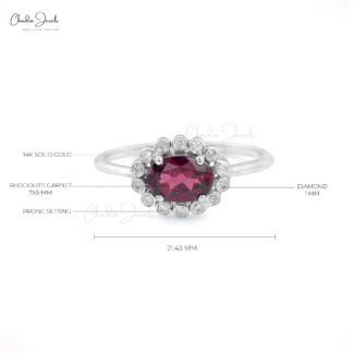 Oval Gemstone Ring in 14k Real White Gold Rhodolite Garnet Halo Diamond Wedding Ring