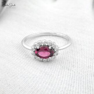 Oval Gemstone Ring in 14k Real White Gold Rhodolite Garnet Halo Diamond Wedding Ring