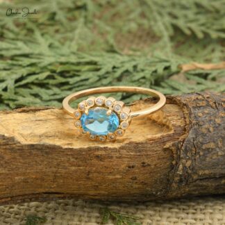 Pure 14k Yellow Gold Halo Ring With 7x5mm Swiss Blue Topaz Diamond Wedding Rings