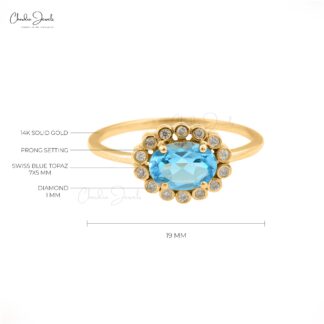 Pure 14k Yellow Gold Halo Ring With 7x5mm Swiss Blue Topaz Diamond Wedding Rings