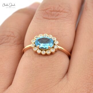 Pure 14k Yellow Gold Halo Ring With 7x5mm Swiss Blue Topaz Diamond Wedding Rings