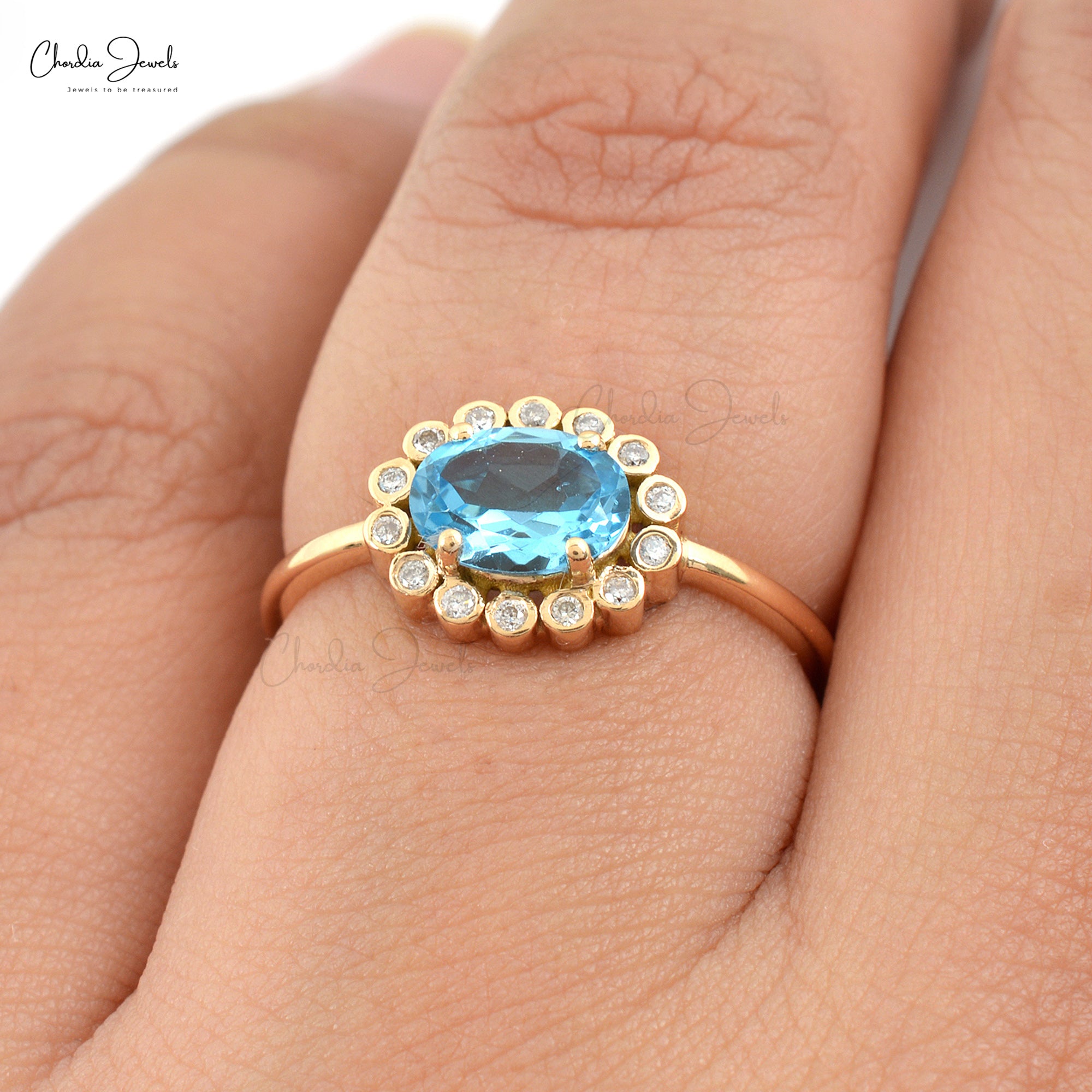 Pure 14k Yellow Gold Halo Ring With 7x5mm Swiss Blue Topaz Diamond Wedding Rings