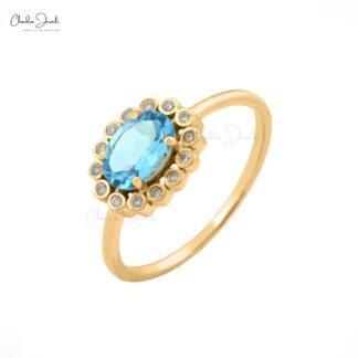 Pure 14k Yellow Gold Halo Ring With 7x5mm Swiss Blue Topaz Diamond Wedding Rings
