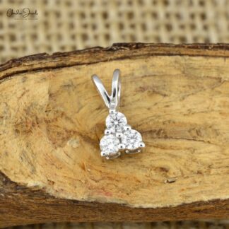 Solid 14k White Gold 3 Stone Pendant With 0.18 Ct Diamond Cluster Minimal Necklace