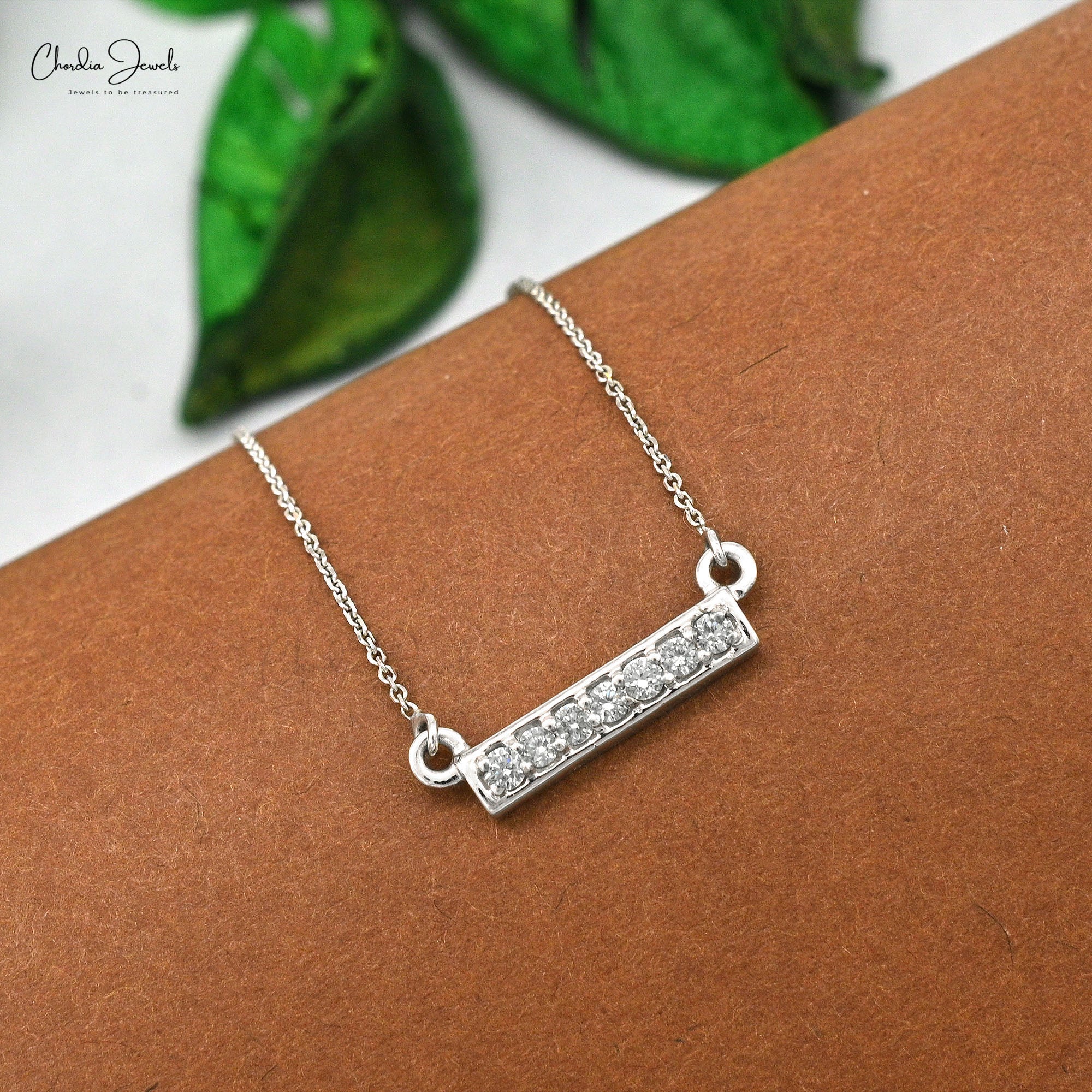 Pave Set 7 Stone Necklace In Real 14k White Gold 1.6mm G-H Diamond Bar Chain Necklaces