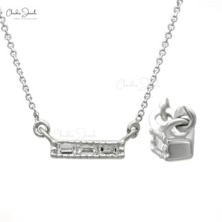 Baguette 3 Stone Chain Necklace With 2x1mm G-H Diamond Bar Necklace In 14k White Gold