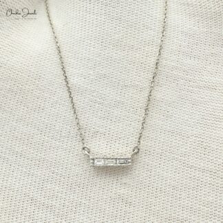Baguette 3 Stone Chain Necklace With 2x1mm G-H Diamond Bar Necklace In 14k White Gold