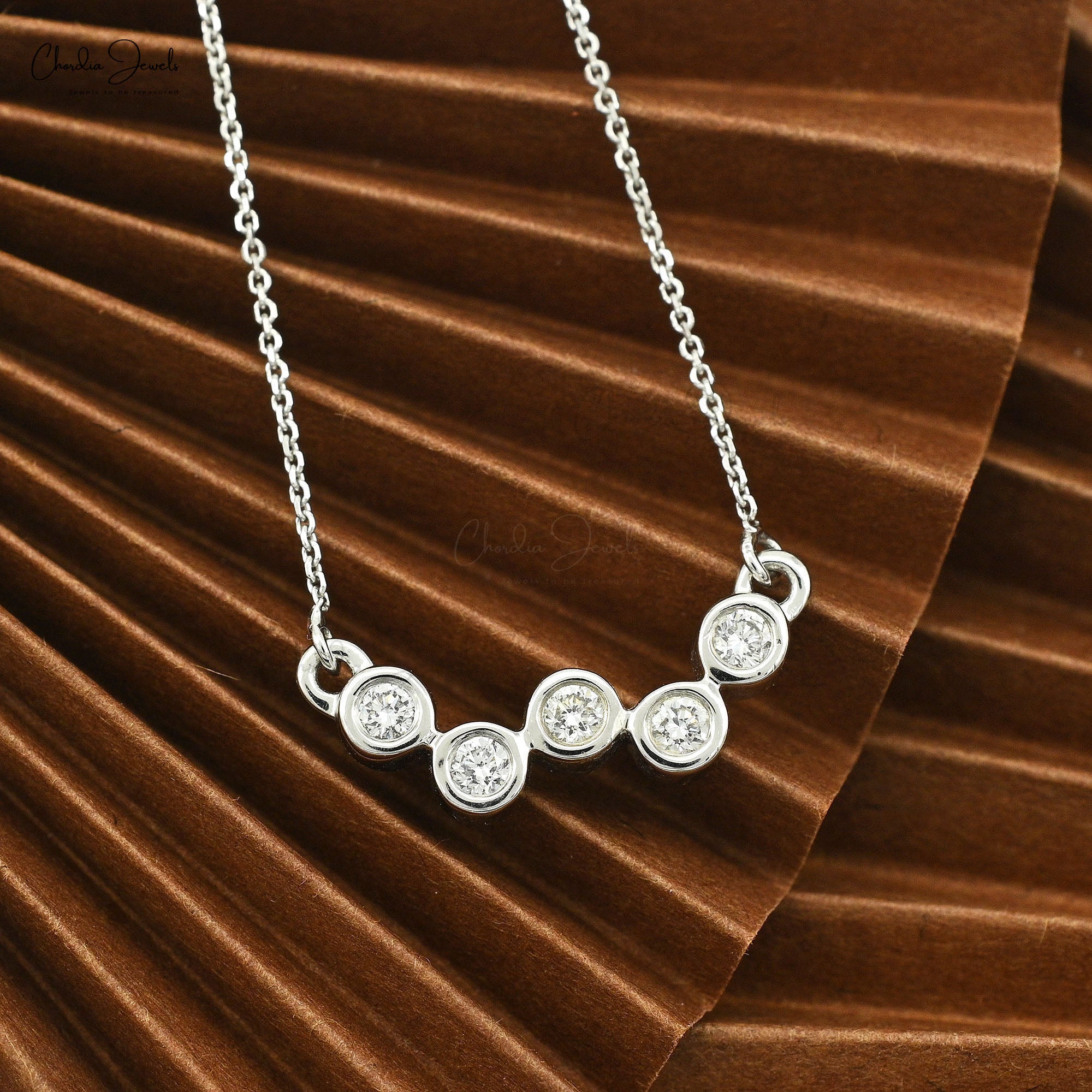 Wave 5 Stone Chain Necklace With 1.9mm G-H Diamond Bezel Set In 14k White Gold Necklaces