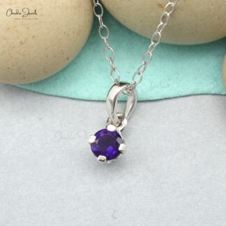 Solitaire Unique Pendant in 14k Solid White Gold Amethyst 4mm Gemstone Fine Jewelry