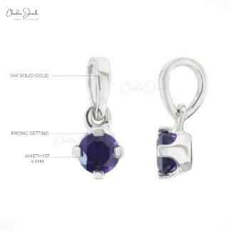 Solitaire Unique Pendant in 14k Solid White Gold Amethyst 4mm Gemstone Fine Jewelry