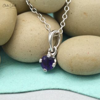 Solitaire Unique Pendant in 14k Solid White Gold Amethyst 4mm Gemstone Fine Jewelry