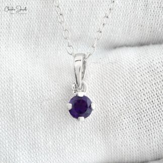 Solitaire Unique Pendant in 14k Solid White Gold Amethyst 4mm Gemstone Fine Jewelry