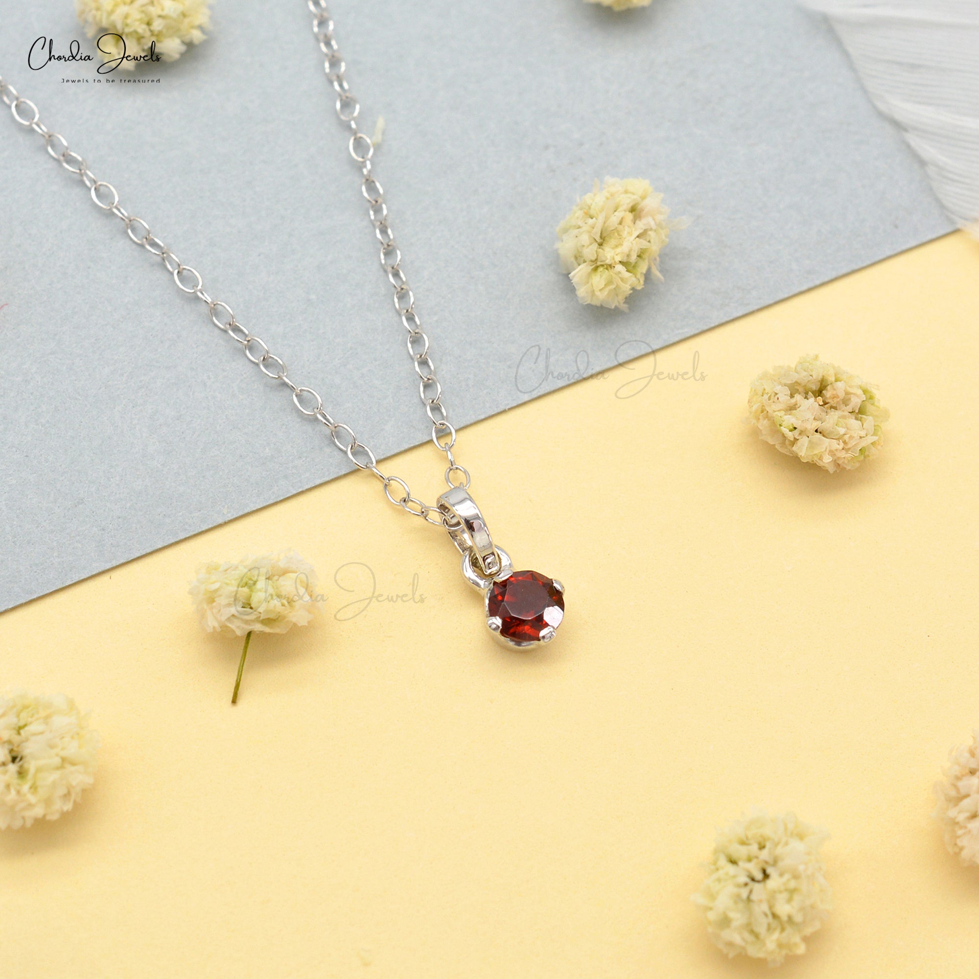 Prong Set Solitaire Pendant With 4mm Red Garnet 14k Solid White Gold Minimal Necklace