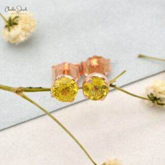 Natural Yellow Sapphire Solitaire Studs Earring in 14k Rose Gold 4mm Round-Cut Gemstone Dainty Earrings