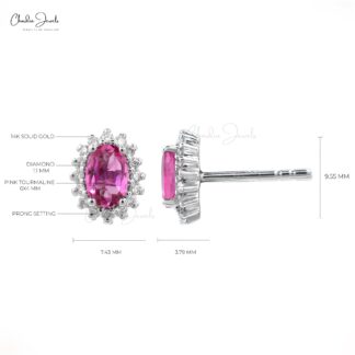 Diamond Halo Earrings In Pure 14k White Gold Pink Tourmaline Hallmarked Studs For Her