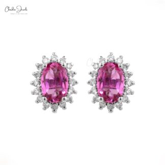 Diamond Halo Earrings In Pure 14k White Gold Pink Tourmaline Hallmarked Studs For Her